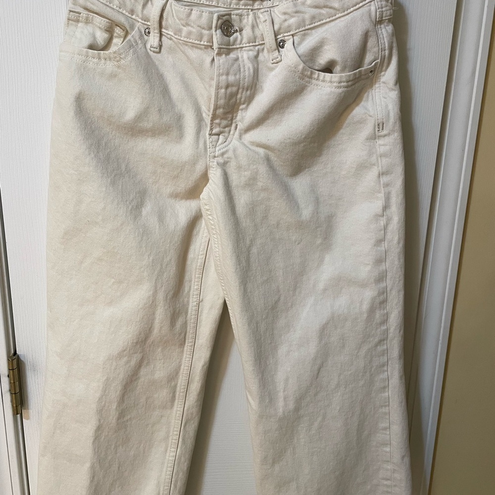 Free People We The Free Ivory Straight Leg Jeans Size 27 🤍 High Rise Raw Hem